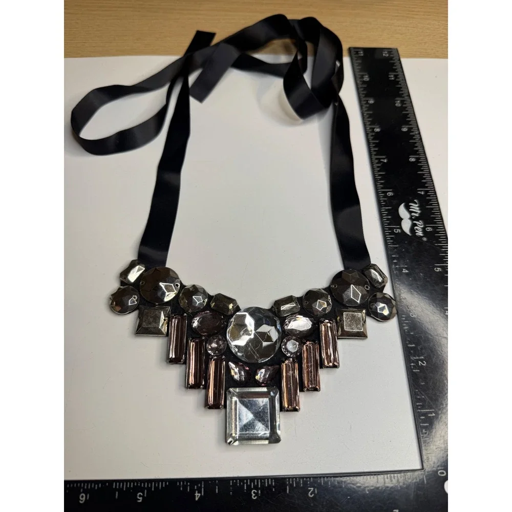 Statement Bib Necklace Black Satin Ribbon Tie Multi Gem Crystal Geometric Stone
